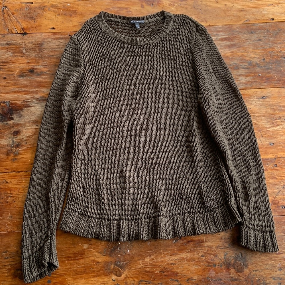 Eileen Fisher Open Knit Olive Green Sweater Large